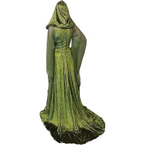 Sinastar Green Velvet Hooded Medieval Fantasy Costume Dress with Gold Trim M - Picture 14 of 14